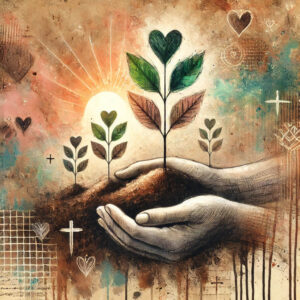 Mixed media artwork symbolizing the concept of 'cultivate.' The image features hands gently planting seeds in rich soil, with vibrant saplings emerging. The saplings have leaves shaped like hearts and subtle faith symbols such as small crosses. The background blends watercolor textures, pencil sketches, and collage elements in warm, earthy tones, with a soft, glowing sun rising to represent growth, hope, and nurturing. The layered artistic style conveys an inspiring and reflective mood